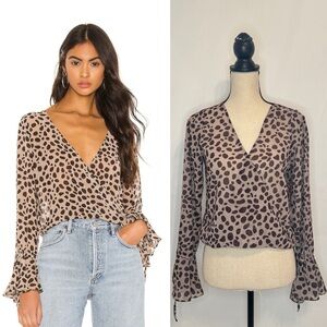 Super down Madeline Surplice Long Sleeve Top in Tan Multi